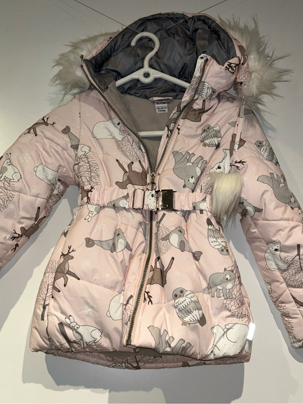 Girls' Pink Hooded Puffer Jacket with Animal Print